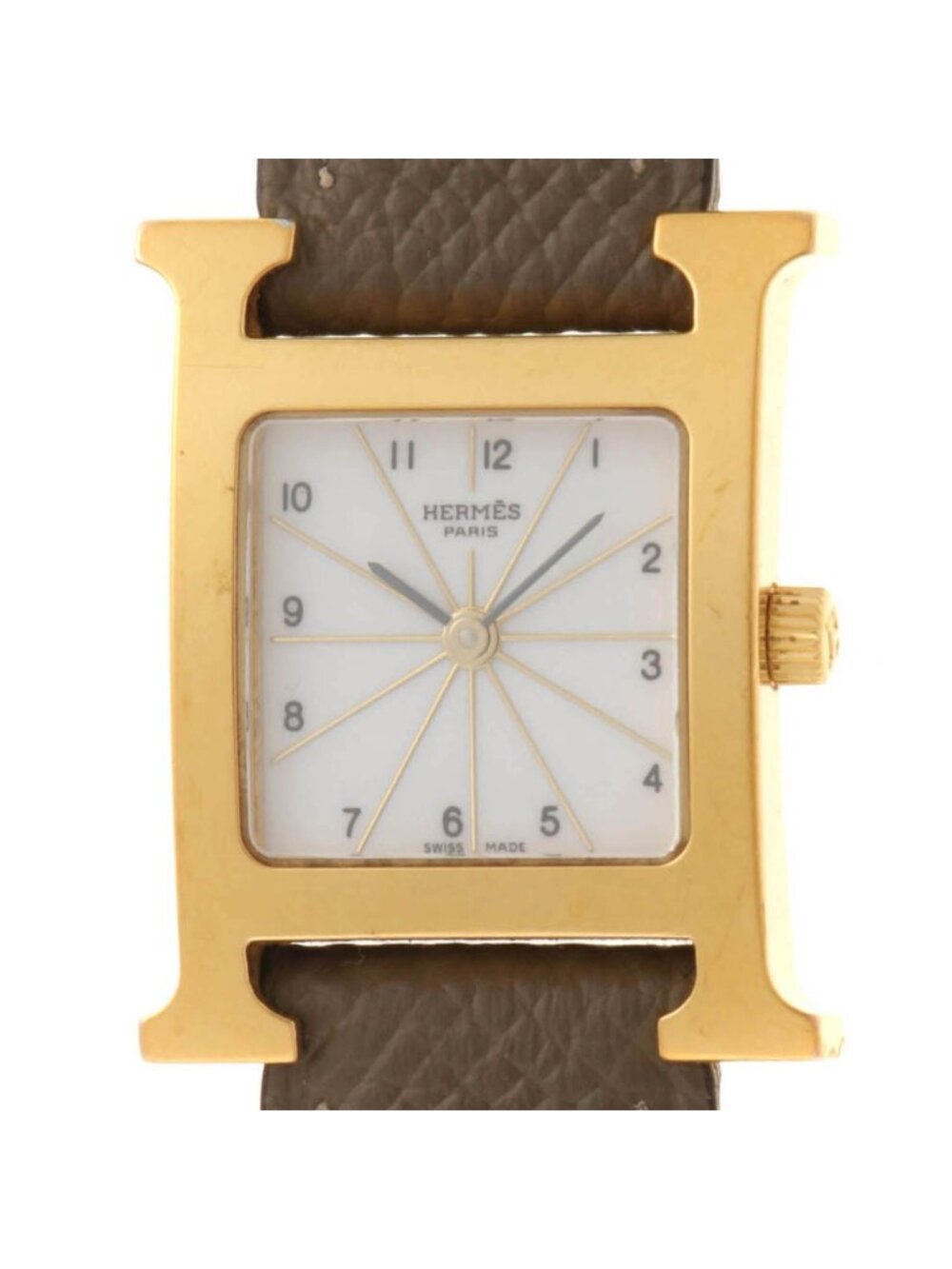 Hermes H Watch Leather Strap White Arabic Dial Quartz